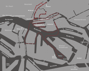 Route der Fleetfahrt in Hamburg mit Speicherstadt und kleinen Fleeten
