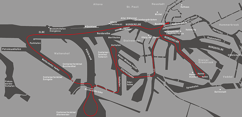 Route der großen Hafenrundfahrt in Hamburg mit Speicherstadt, HafenCity, Landungsbrücken und Containerhafen.
